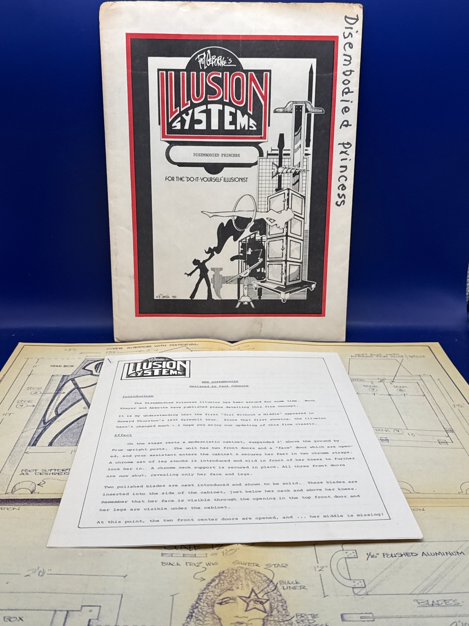 Paul Osborne Illusion Systems plans for Disembodied Princess c1980 Vintage plans