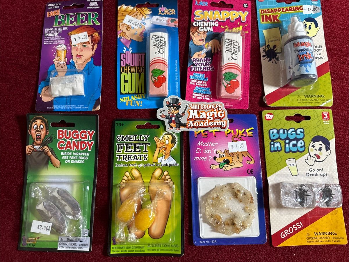 Prank Kit-8 Gags-Disappearing Ink-pet Puke-smelly Feet Treat-squirt Gum-MORE Fun