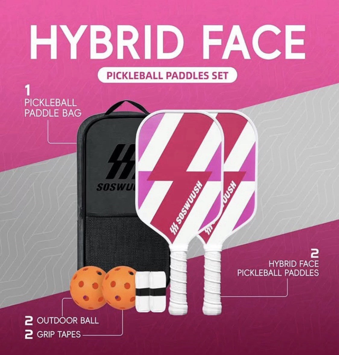 SOSWUUSH Carbon Fiber pickle ball Paddle Set-new-2 Paddles, Balls, Grips &  Bag