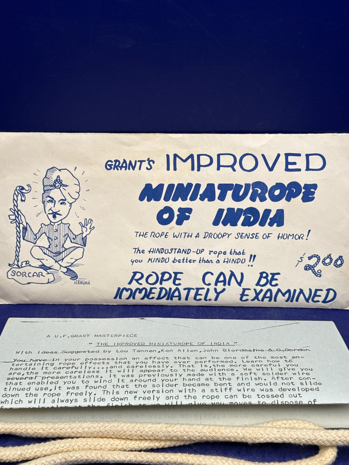 Vintage U.F. Grant Improved Miniature Rope of India Magic Trick - Rare Sorcar Artwork