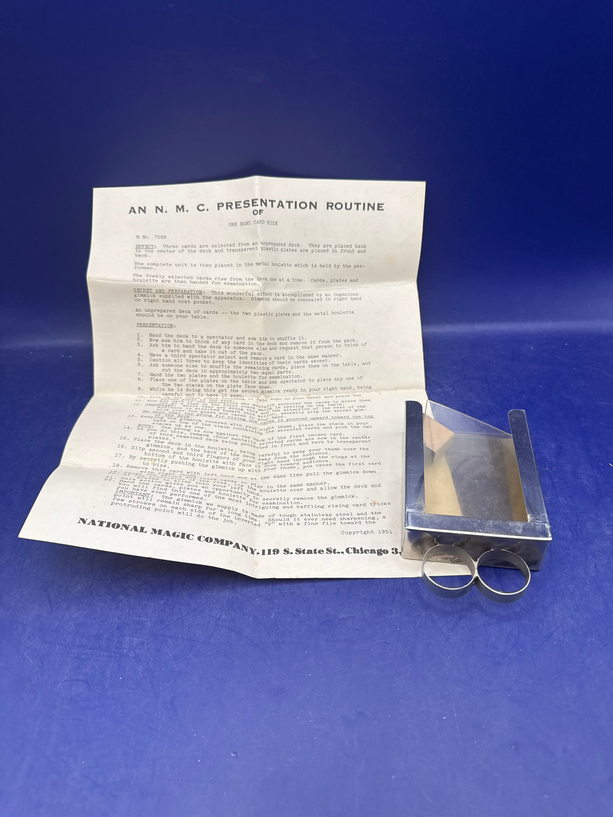 National Magic Company One Hand Card Rise c1950 Vintage Metal Houlette & Routine