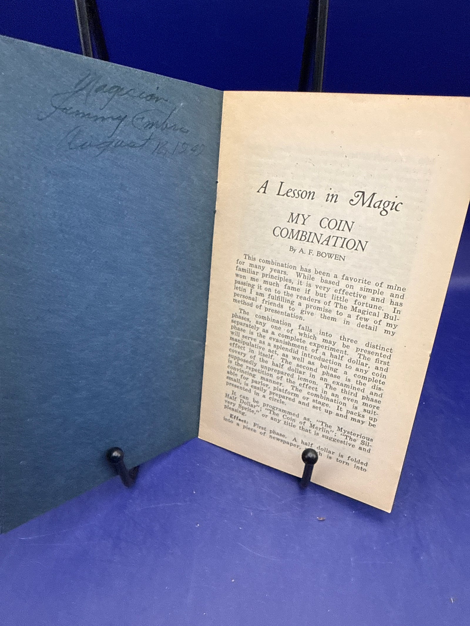 A Lesson in Magic: My Coin Combination (Bulletin Serial No. 1) by A. F. Bowen and published by F. G. Thayer c1920 ESTATE