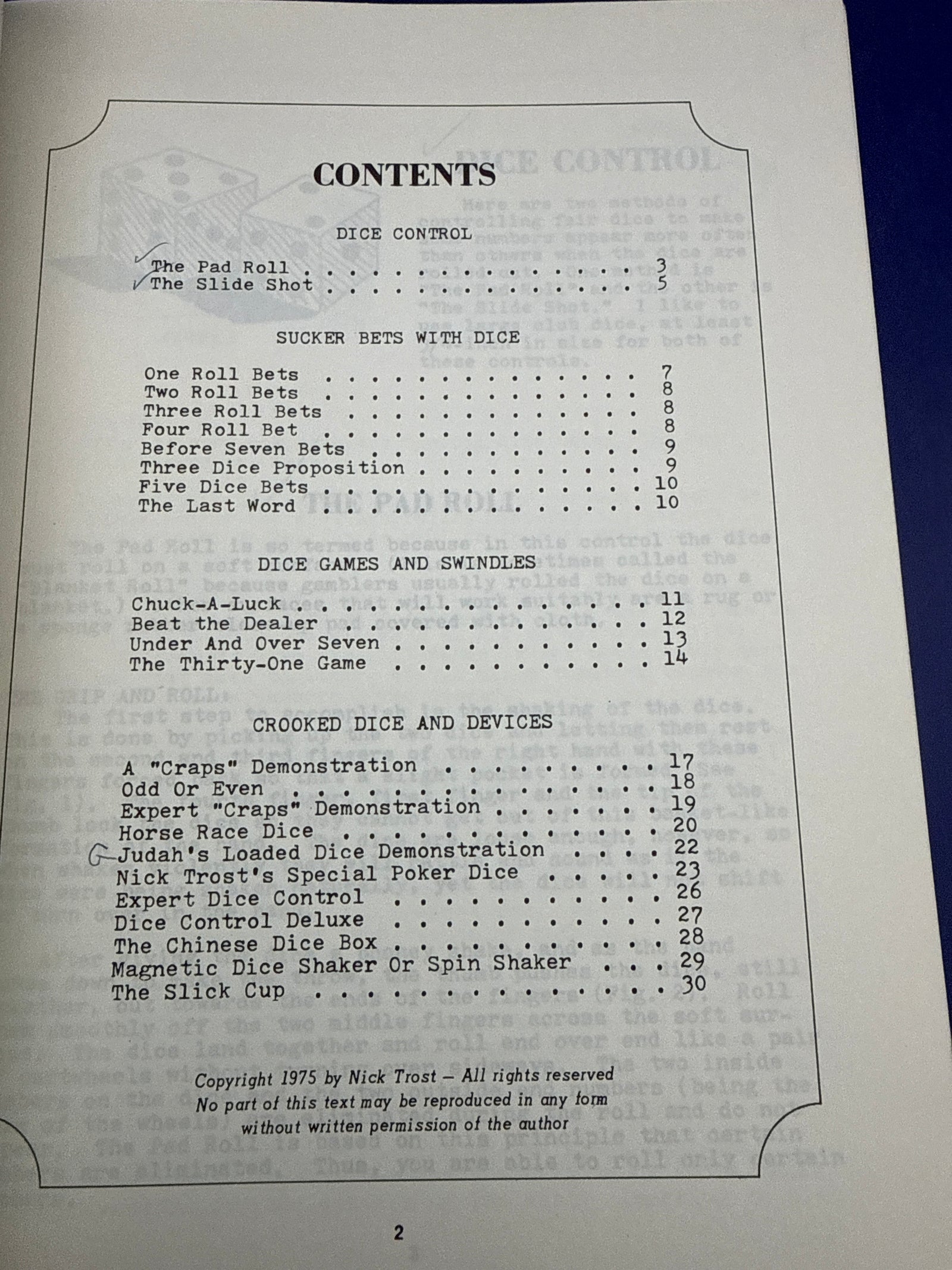 Gambling Tricks with Dice by Nick Trost 1975 1st edition Ex Libris Kreskin SIGNED