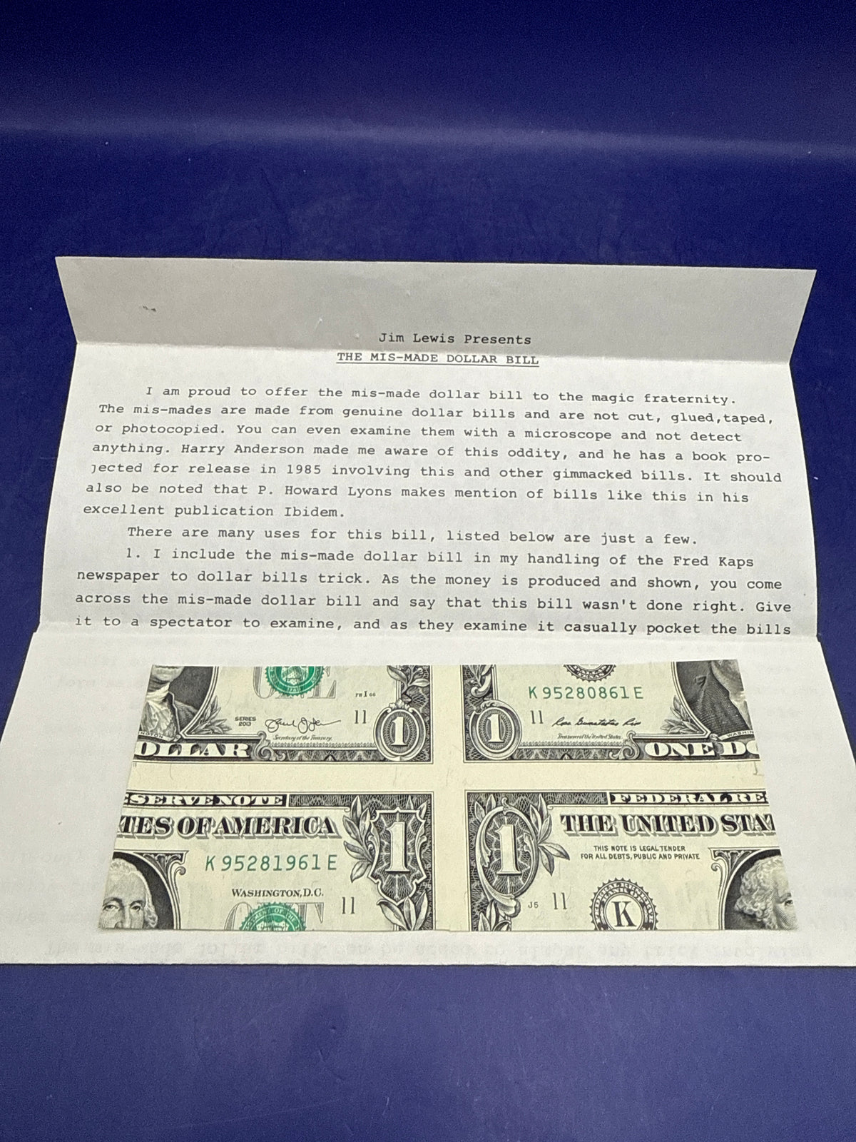 Original Jim Lewis Mis-Made Dollar Bill - Genuine US Currency