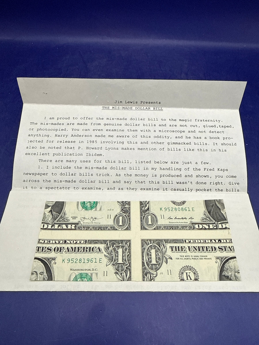 Original Jim Lewis Mis-Made Dollar Bill - Genuine US Currency