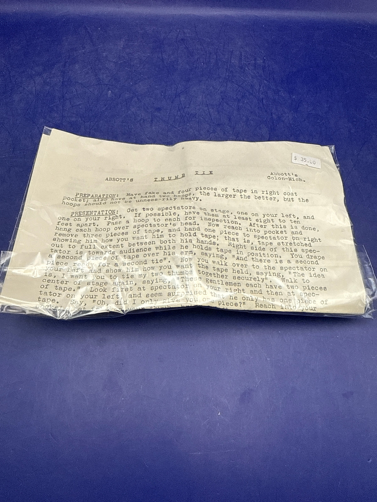 Vintage Abbott’s Thumb Tie Magic Trick – Original Instructions & Gimmick