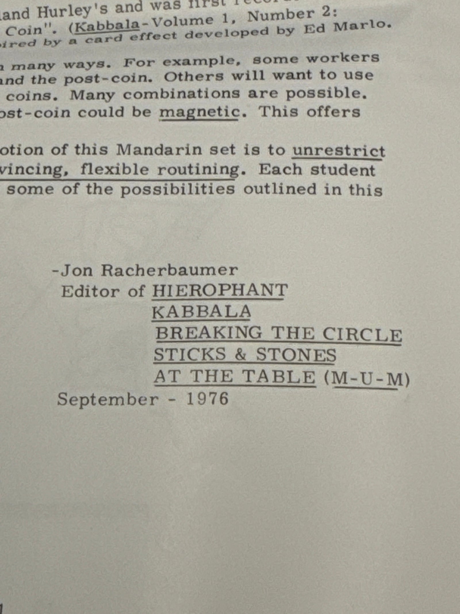 The Mandarin Mystery Coin (1976) by Jon Racherbaumer Vintage RARE
