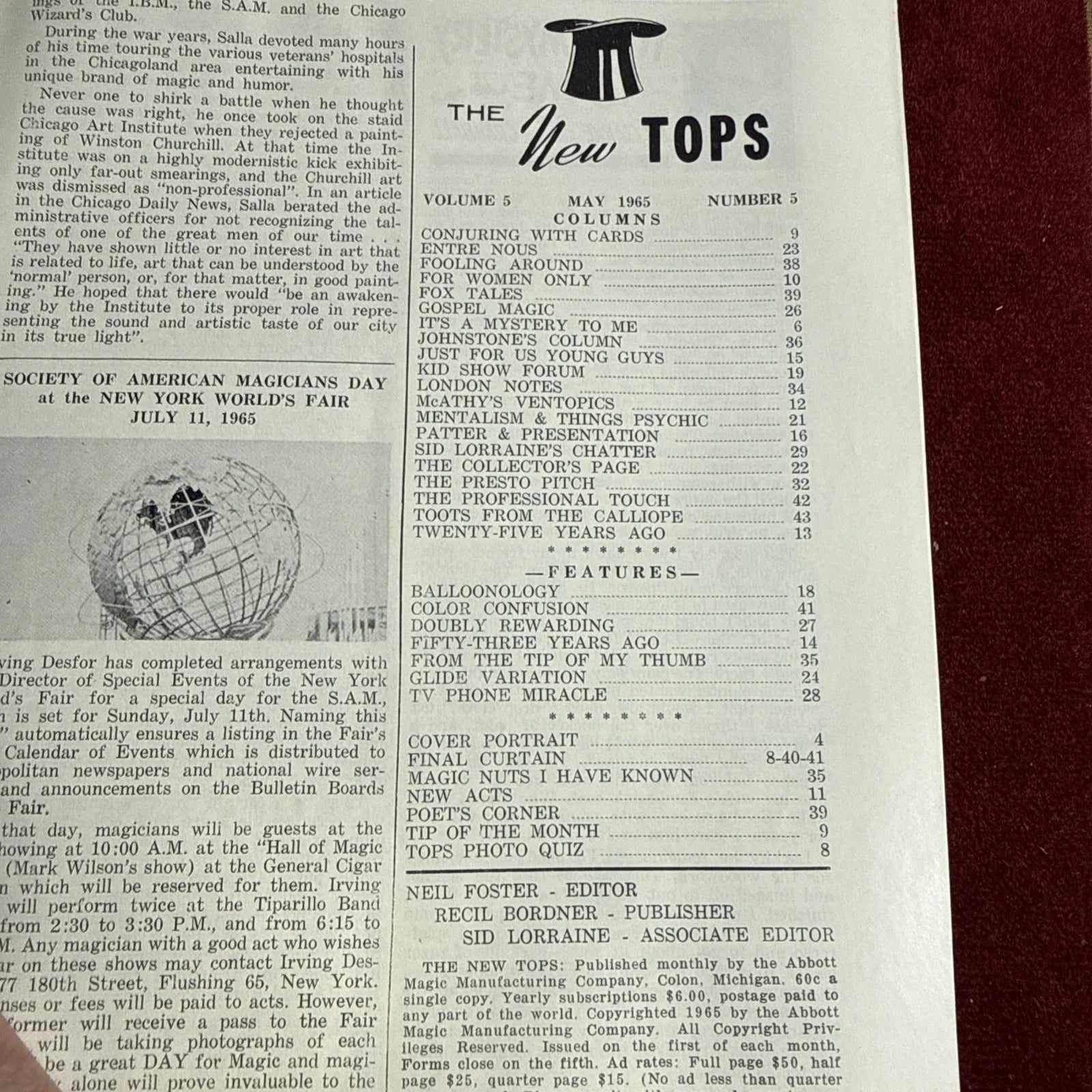 TOPS Magic Magazine VNTG Abbott’s May 1965 Vol 5 #5 Salvatore Salla