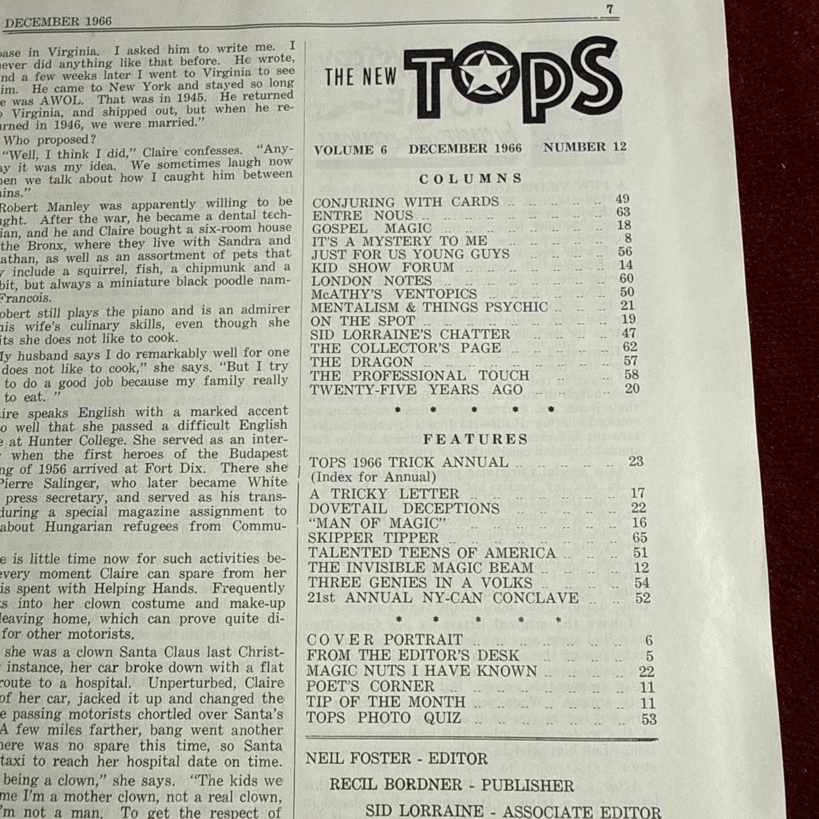 TOPS Magic Magazine VNTG Abbott’s February 1966 Vol 6 #12 Claire Manley