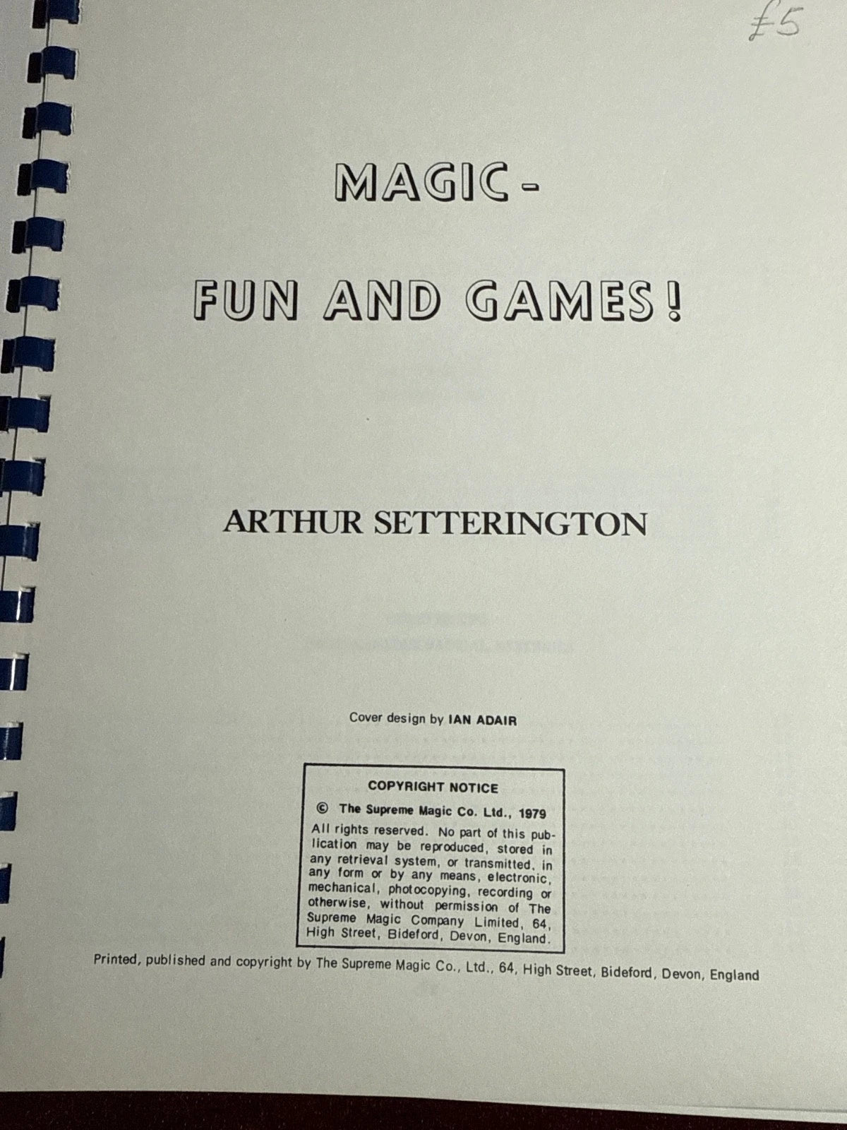 Magic Fun And Games Book By Arthur Setterington Supreme Magic Publication ESTATE