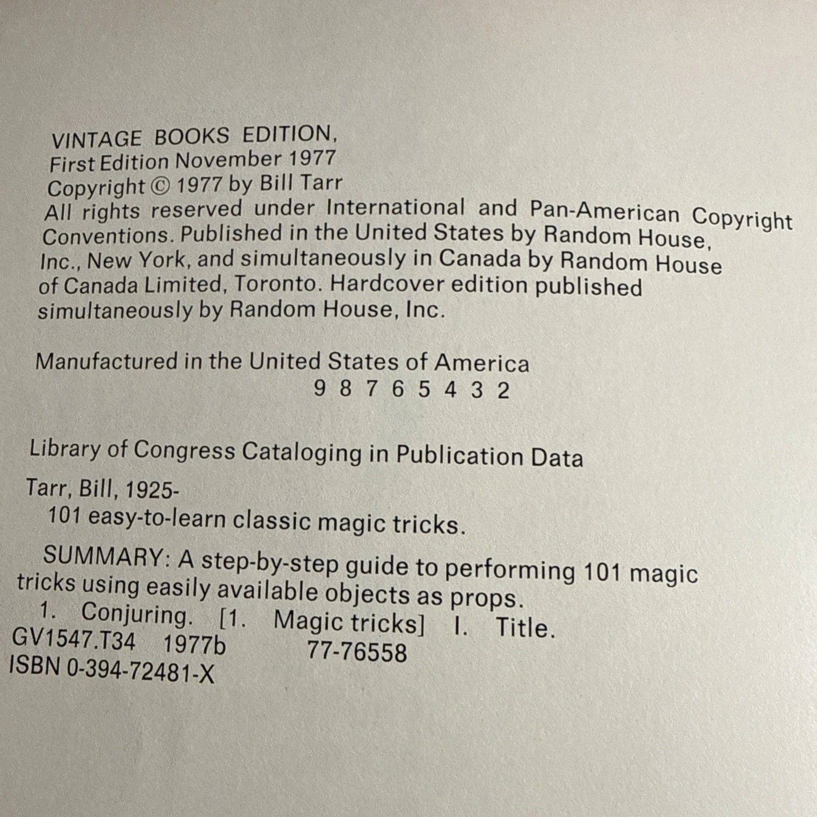 101 EASY-TO-LEARN CLASSIC MAGIC TRICKS By Bill Tarr 1st Ed 1977 ESTATE