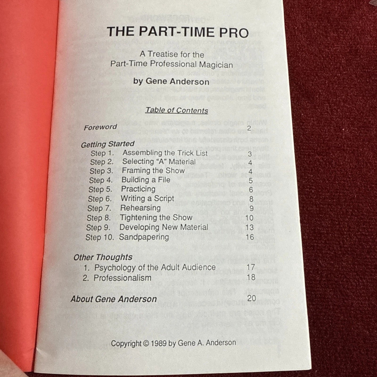 The Part Time Pro: Treatise For Part Time Professional Magician by Gene Anderson 1989 ESTATE