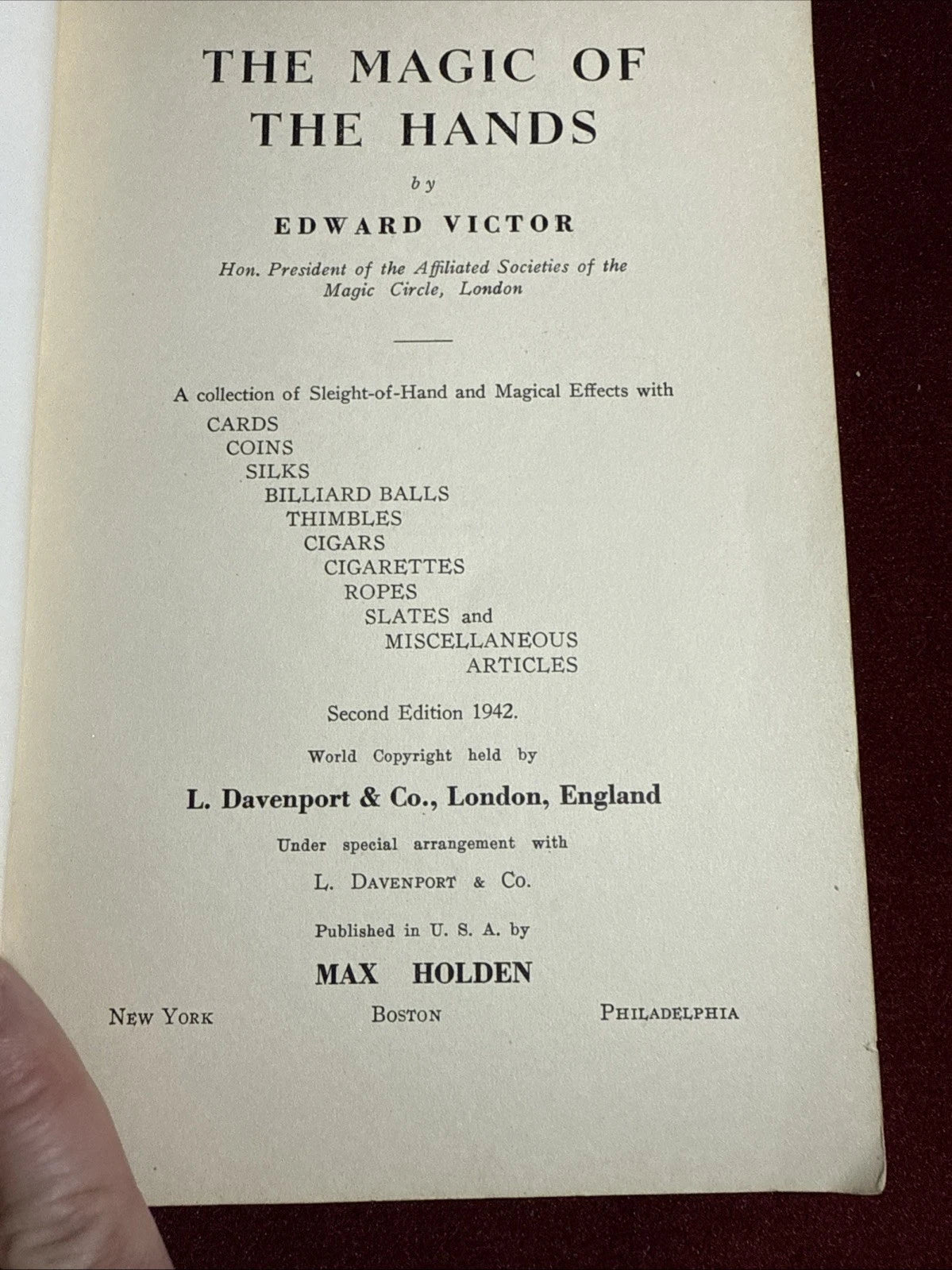 Magic Of The Hands Edward Victor 2nd Ed. 1942 Sleight Of Hand ESTATE