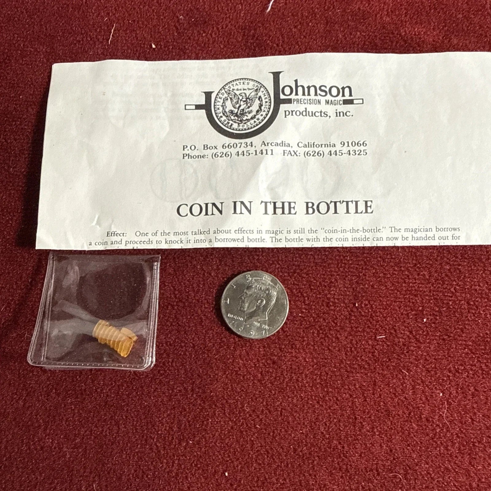 Johnson Precision Magic Coin In Bottle half Dollar VNTG Coin Magic Trick