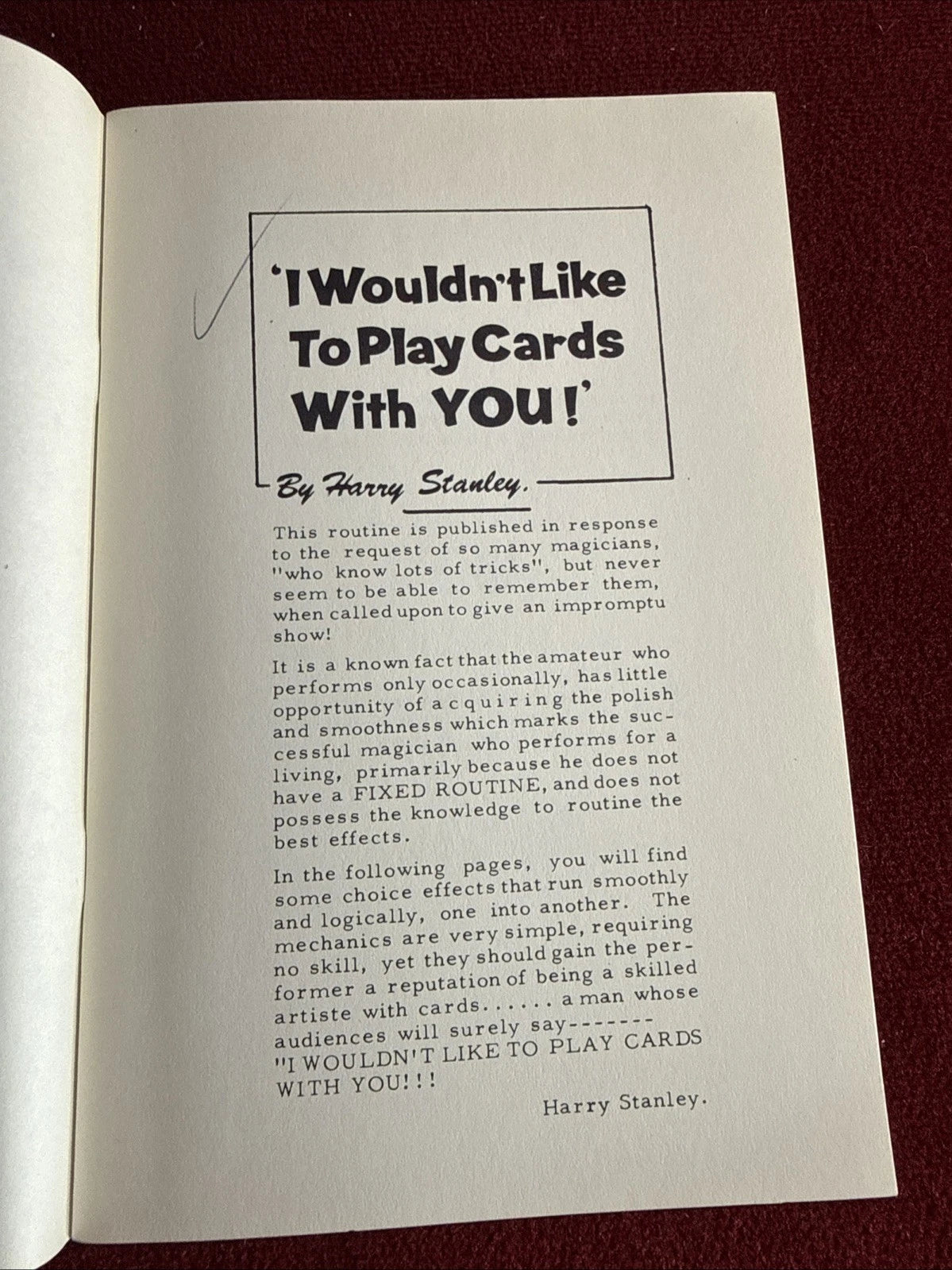 I Wouldn’t Like To Play Cards With You by Harry Stanley - From the library of the Amazing Kreskin ESTATE