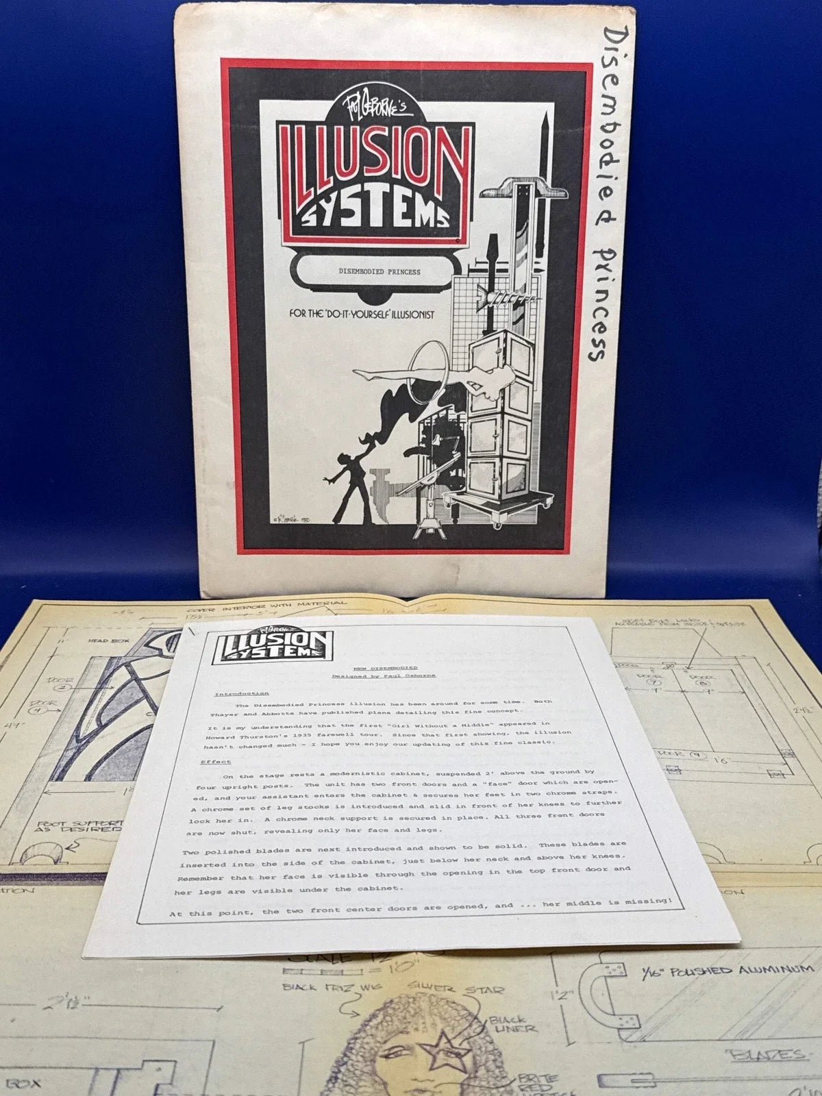 Paul Osborne Illusion Systems plans for Disembodied Princess c1980 Vintage plans
