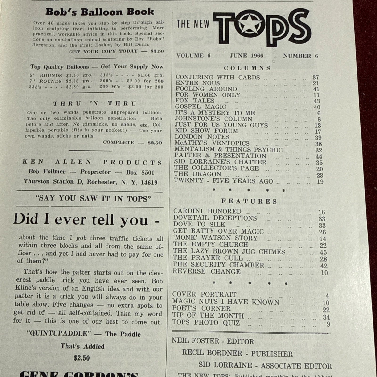 TOPS Magic Magazine VNTG Abbott’s February 1966 Vol 6 #6 Ron & Monica Urban