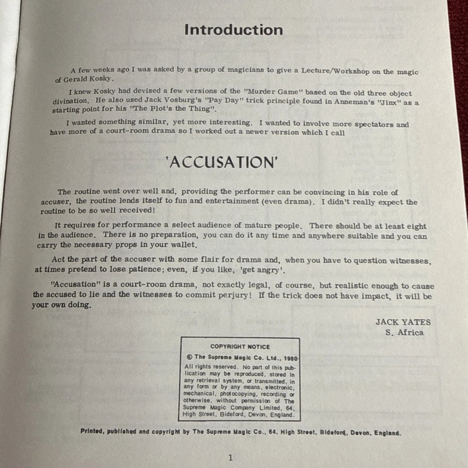 Jack Yates Accusation by Ken de Courcy Mentalism