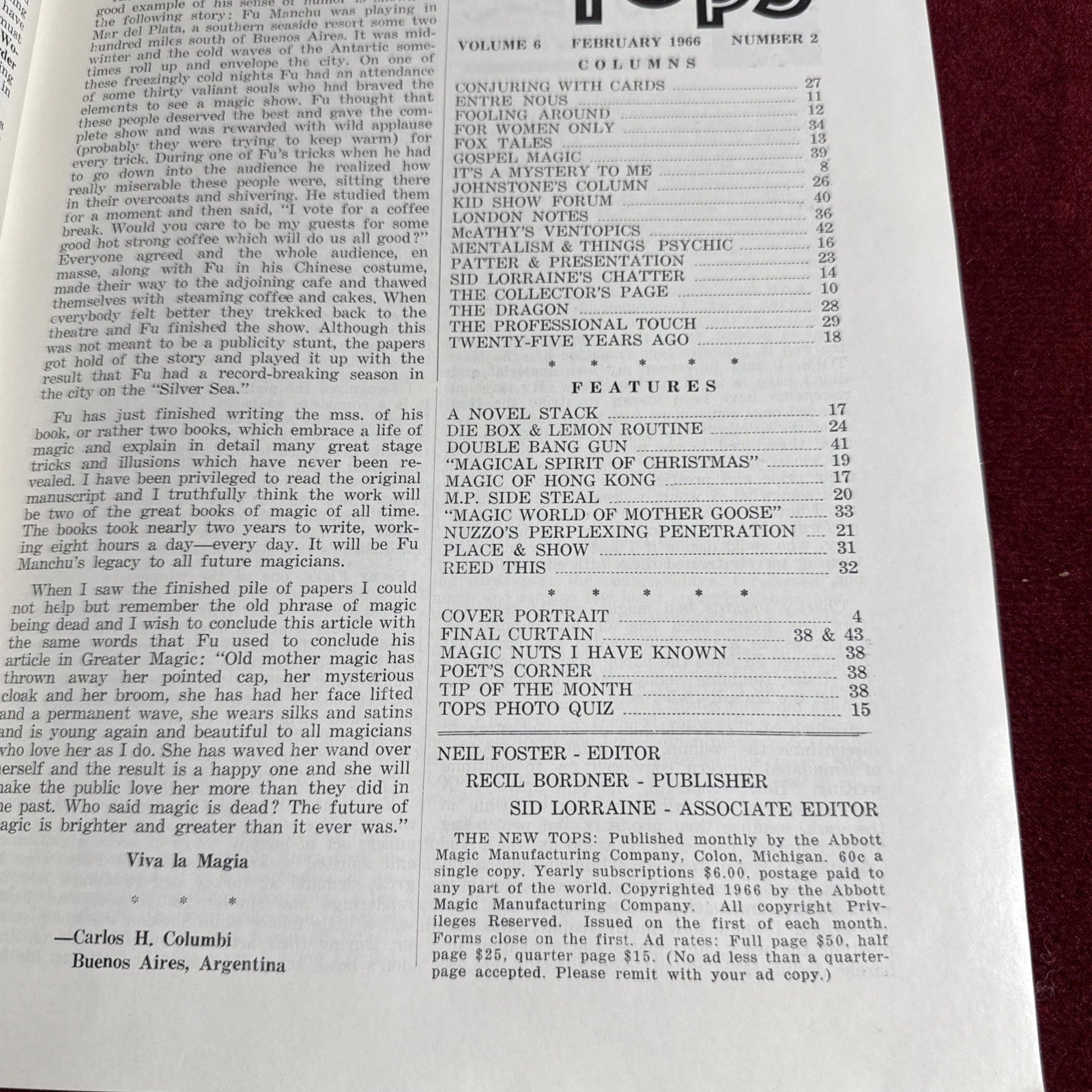 TOPS Magic Magazine VNTG Abbott’s February 1966 Vol 6 #2 Fu Manchu David Bamberg