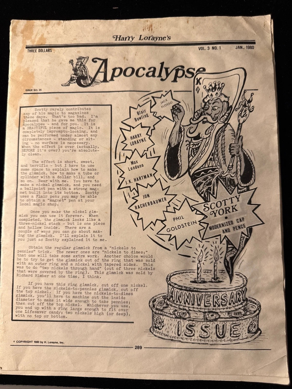 Harry Lorayne's APOCALYPSE - Magicians Newsletter Vol.3 No.1 - 1980 - ESTATE