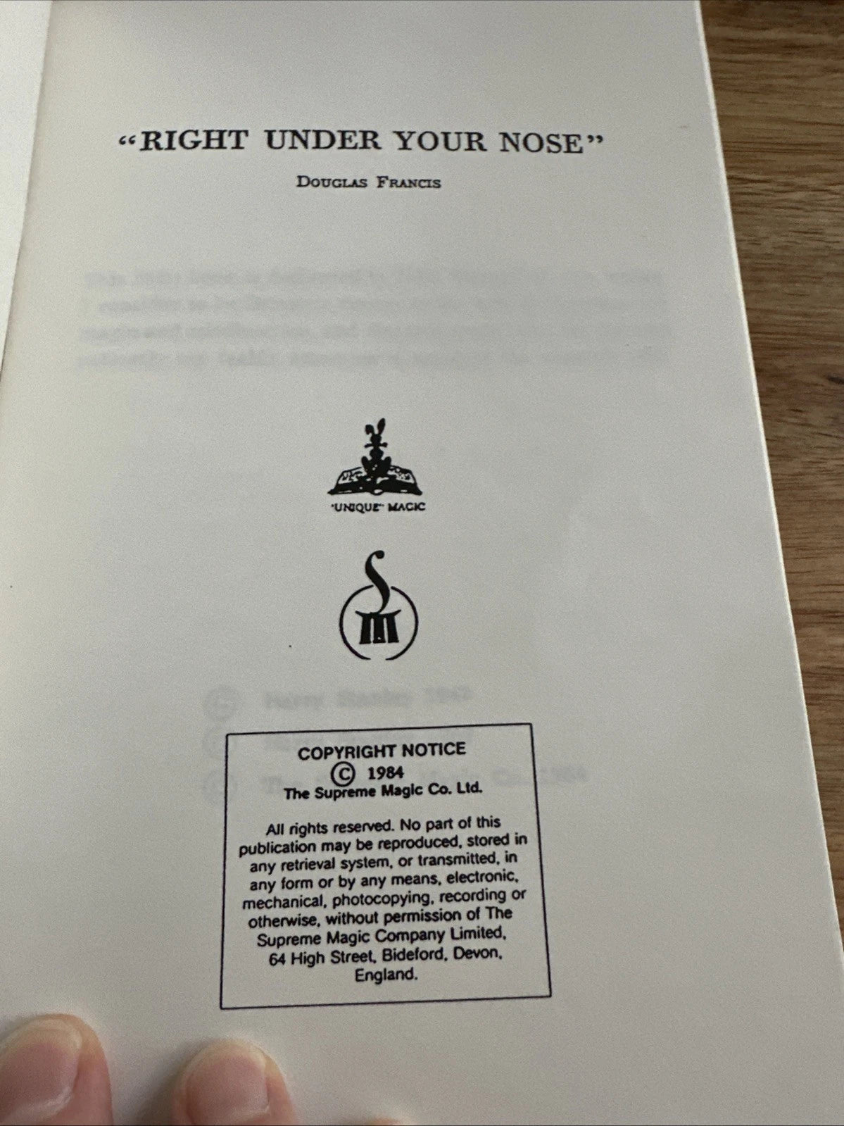 Right Under Your Nose by Douglas Francis - Supreme Magic 1984 ESTATE